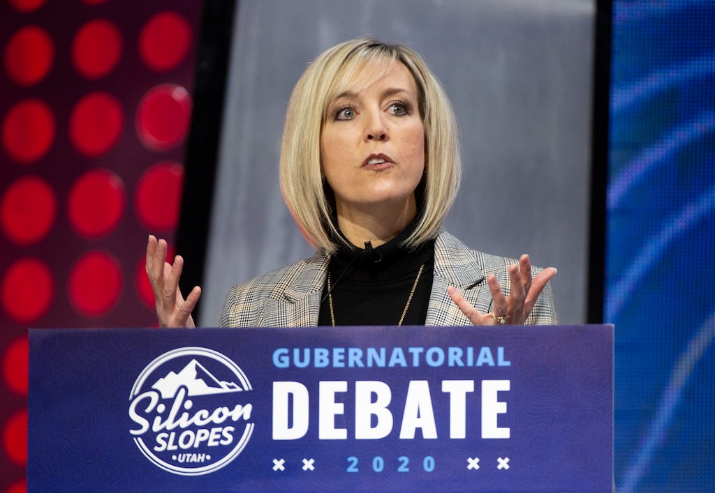 (Rick Egan  |  Tribune file photo) Salt Lake County Councilwoman Aimee Winder Newton answers a question during the gubernatorial debate at the 2020 Silicon Slopes Tech Summit, at the Salt Palace Convention Center, Friday, Jan. 31, 2020.