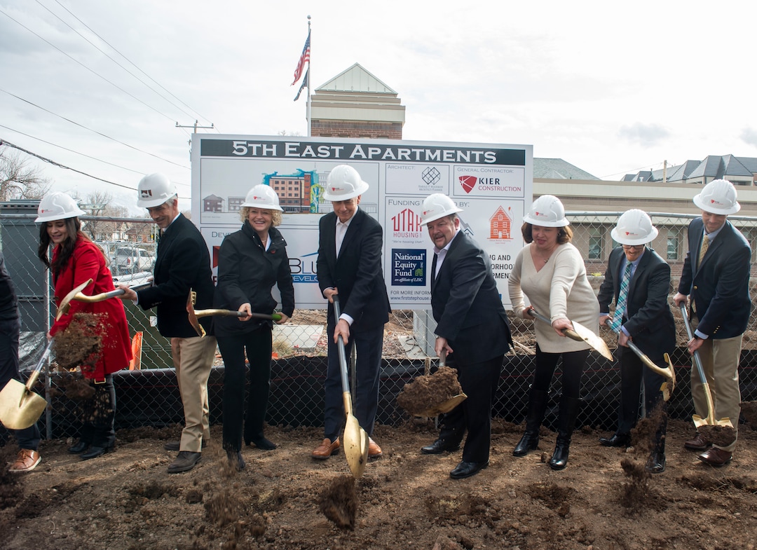 (Rick Egan  |  The Salt Lake Tribune)    Mayor Jackie Biskupski joins representatives from First Step House, Salt Lake County Behavioral Health Services, and the Utah Housing Corporation and other dignitaries, to break ground on the latest phase of the First Step House Recovery Campus, at 440 South 500 East in Salt Lake City. Friday, March 1, 2019.