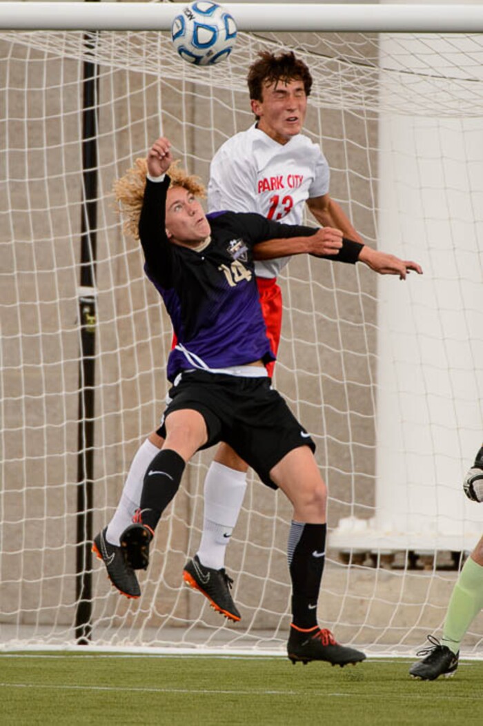 (Trent Nelson | The Salt Lake Tribune)  Desert Hills vs. Park City High School, Saturday May 12, 2018. Desert Hills's Sawyer Heaton and Park City's Nicholas Burnz.