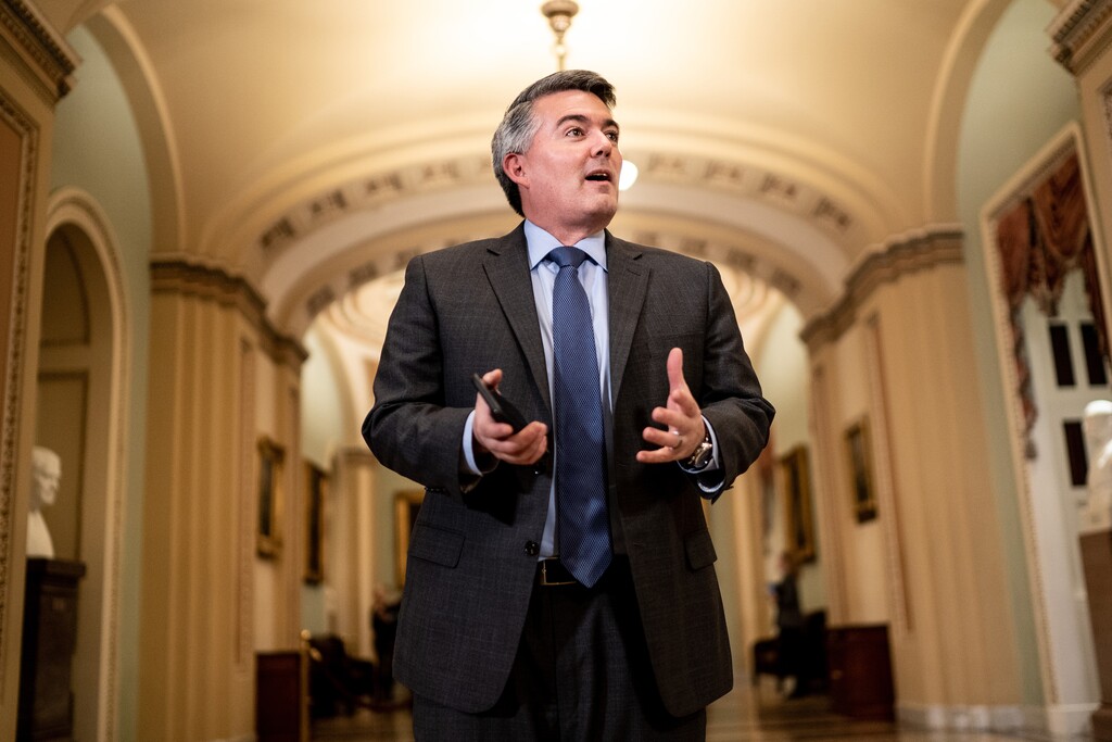 (Erin Schaff | The New York Times) Sen. Cory Gardner (R-Colo.) speaks to reporters on Capitol Hill in Washington, Jan. 29, 2020. Despite some resistance within their ranks, Republicans are pushing a popular public lands bill that could help endangered colleagues, with an eye toward protecting their majority in November.