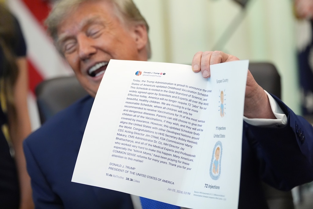 President Donald Trump holds up an image taken from his Truth Social account during a meeting to sign an executive order about vaccines, Monday, Aug. 10, 2026, in the Oval Office of the White House in Washington. (AP Photo/Jacquelyn Martin)