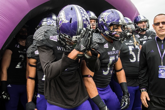 (Chris Detrick  |  The Salt Lake Tribune)  Weber State Wildcats run onto the field before the game at Stewart Stadium Saturday, November 25, 2017.  
