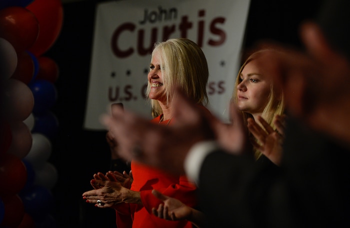 (Francisco Kjolseth  |  The Salt Lake Tribune)  Sue Curtis watches her husband John Curtis give his acceptance speech as Republican candidate for 3rd Congressional District celebrates at the Provo Marriott Hotel & Conference Center Tuesday, Nov. 7, 2017. 