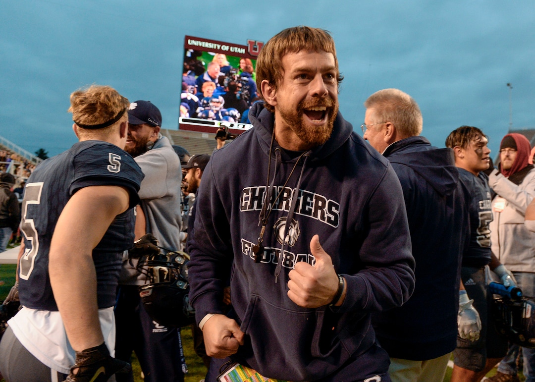 (Leah Hogsten  |  The Salt Lake Tribune)  Corner Canyon head coach Eric Kjar celebrates the win. High School defeated American Fork High School 49-14 during the 6A State Championship football title, Nov. 22, 2019 at Rice-Eccles Stadium.