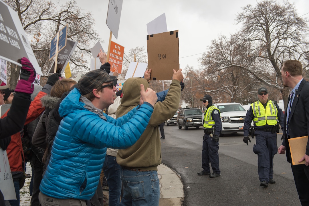 (Rachel Molenda  |  The Salt Lake Tribune)  Protesters gathered at the capitol building in Salt Lake City, Utah, on Monday, December 4, 2017, as President Donald Trump arrived to announce his plan to shrink Bears Ears and Grand Staircase-Escalante national monuments.