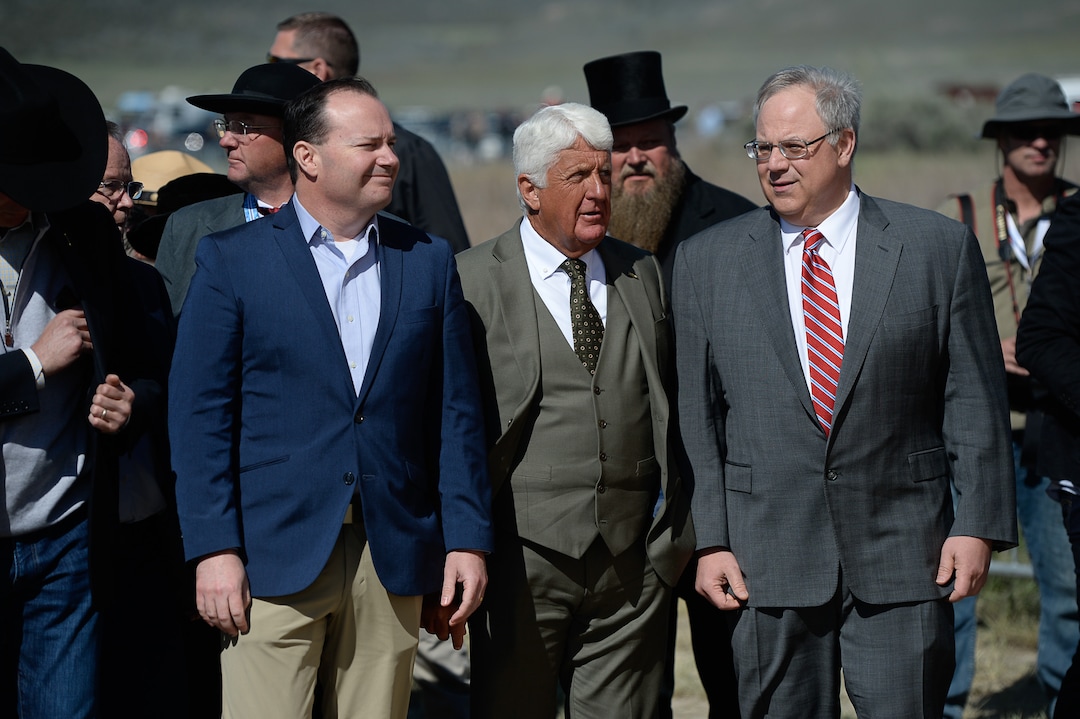 (Francisco Kjolseth  |  The Salt Lake Tribune)  Utah Senator Mike Lee, Congressman Rob Bishop and U.S. Secretary of the Interior David Bernhardt, from left, attend the festivities in celebration of the 150th anniversary of the completion of the transcontinental railroad at Promontory Summit where the two rails met back on May 10, 1869.
