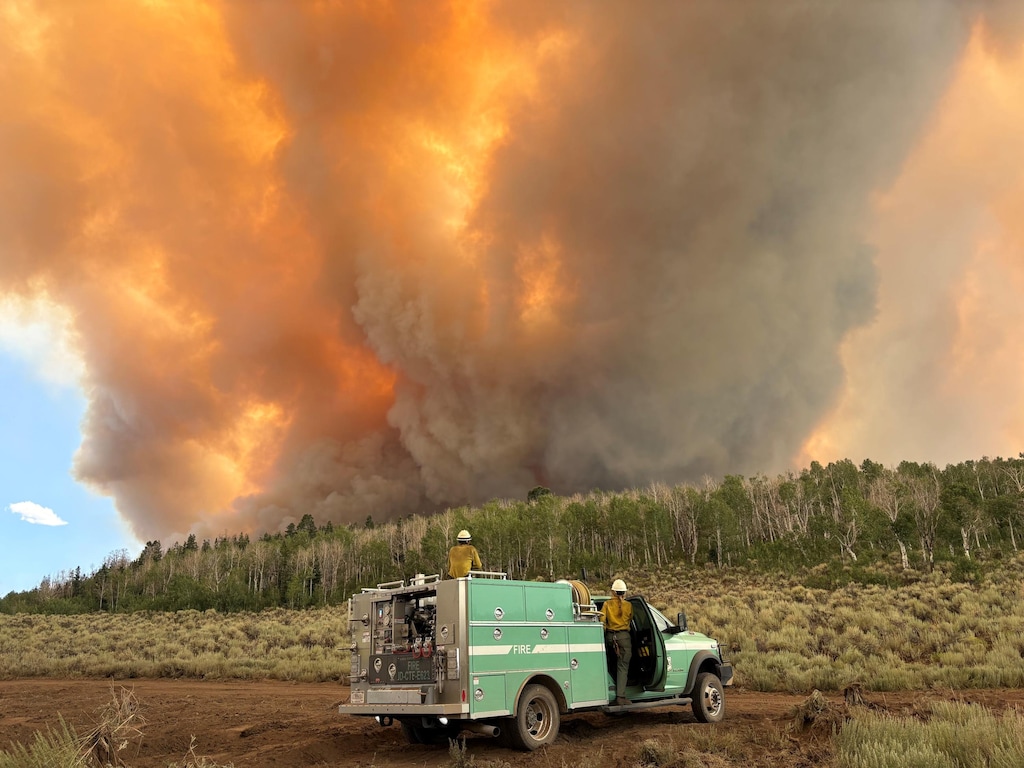 (U.S. Forest Service) Fire activity and smoke on the Monroe Canyon Fire near Richfield, Thursday, July 31, 2025.
