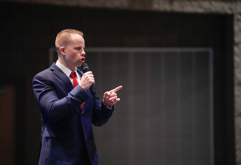 (Francisco Kjolseth | The Salt Lake Tribune) Rep. Trevor Lee, R-Layton, running for reelection, addresses delegates during the Davis County Republican Party nominating convention at Syracuse High School on Saturday, April 18, 2026. He has resigned his seat after being charged with fraud and forgery.