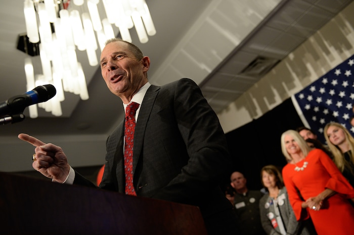 (Francisco Kjolseth  |  The Salt Lake Tribune)  John Curtis, Republican candidate for 3rd Congressional District celebrates his win at the Provo Marriott Hotel & Conference Center Tuesday, Nov. 7, 2017. He will fill the congressional seat recently vacated by Jason Chaffetz.