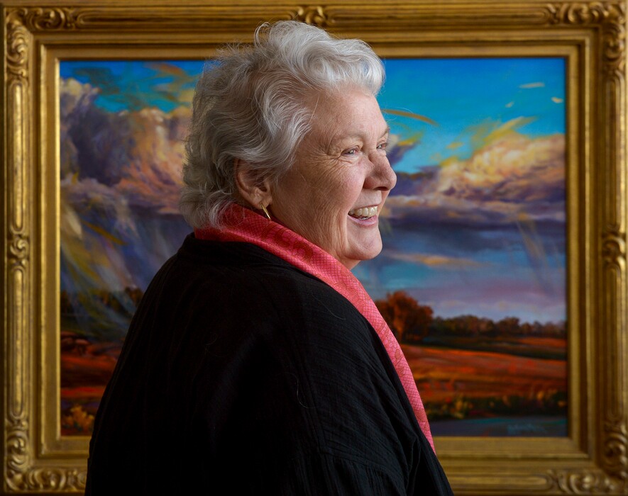 (Leah Hogsten  |  The Salt Lake Tribune) Judith Mehr says she was stunned when police officers contacted her to tell her one of her two stolen paintings — “Thundercloud Upheaval at Dove Creek” in the background — had been recovered.