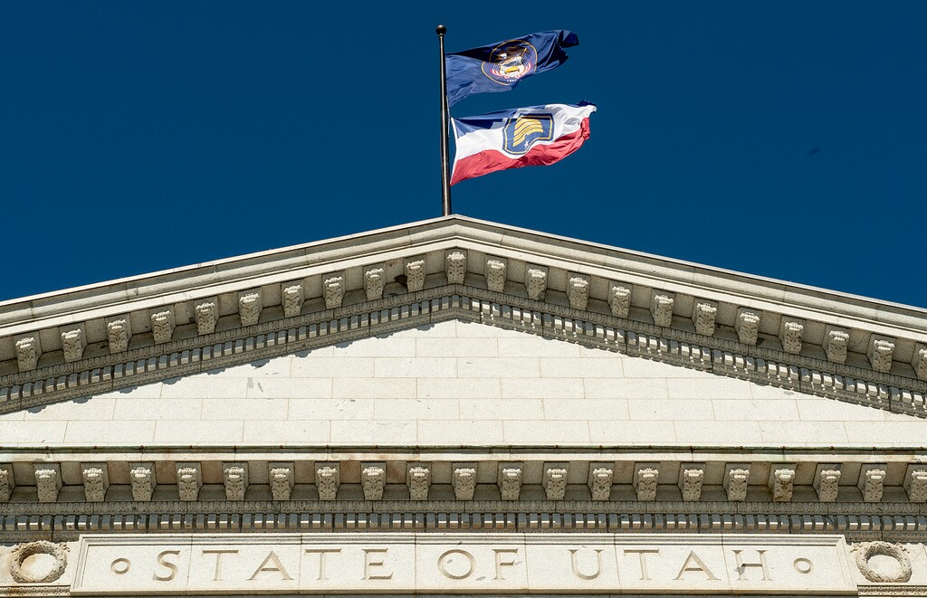 (Chris Samuels | The Salt Lake Tribune) Utah state flags fly above the Capitol in Salt Lake City, Thursday, Aug. 10, 2023.