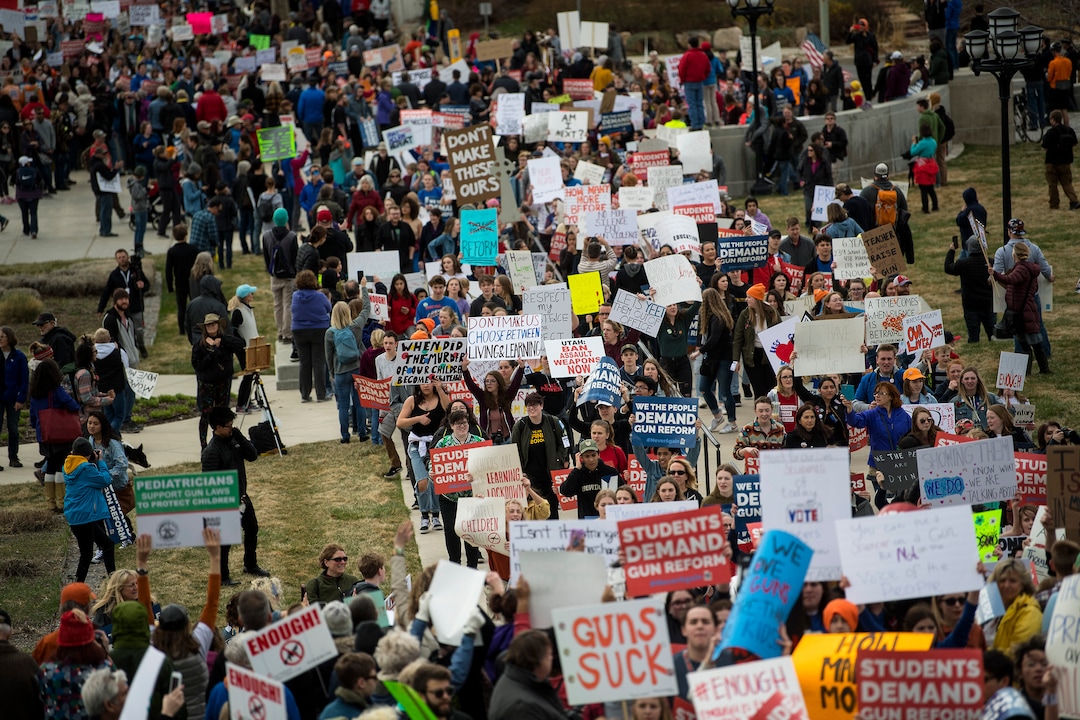 (Chris Detrick  |  The Salt Lake Tribune)  Participants march from West High School to the state Capitol during the March for Our Lives SLC Saturday, March 24, 2018. The student-led March for Our Lives SLC got underway about 11:30 a.m. with what police estimated were 8,000 participants walking from Salt Lake CityÕs West High School to the front steps of the state Capitol.