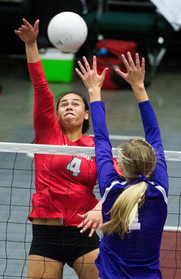 (Rick Egan  |  The Salt Lake Tribune) Bountiful Braves Brook Pe’a (4) hits the ball, as Box Elder Bees Andreanna McKee (1) defends, in 5A volleyball championship game, Bountiful vs. Box Elder, at Utah Valley University, Saturday, November 4, 2017.