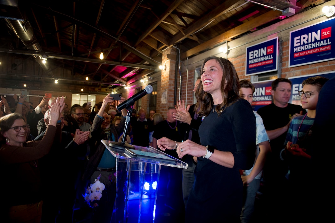 (Jeremy Harmon  |  The Salt Lake Tribune) Salt Lake City mayoral candidate Erin Mendenhall takes the stage to speak to supporters after taking a lead over her opponent, Luz Escamilla, on election night Tuesday, Nov. 5, 2019.