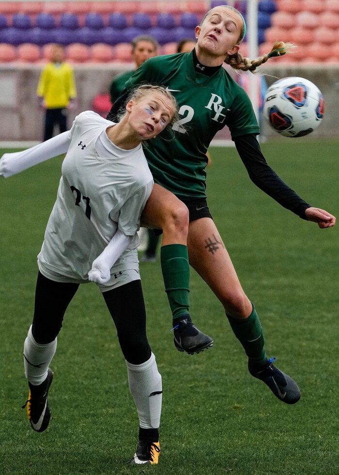 (Leah Hogsten | The Salt Lake Tribune)  Waterford's Grace Morris and RHSM's Paige Connery take a header. Waterford School takes on Rowland Hall-St. Marks High School during their 2A State Soccer Championship game Oct. 23, 2021 at Rio Tinto Stadium.