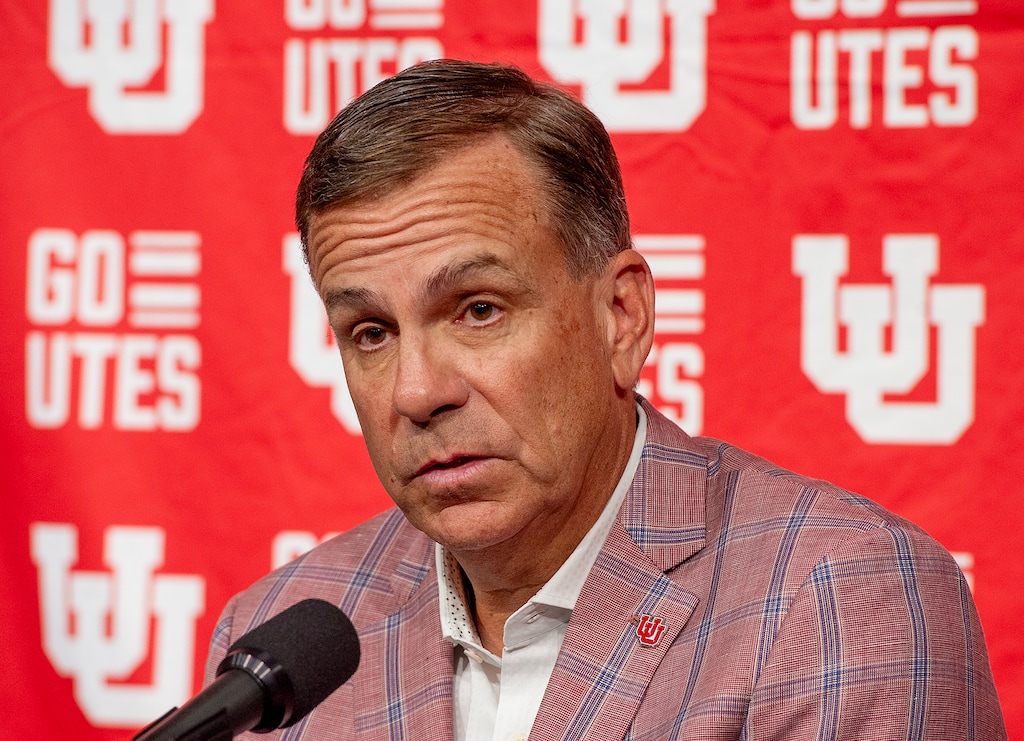 (Chris Samuels | The Salt Lake Tribune) University of Utah athletic director Mark Harlan speaks during a news conference at Rice-Eccles Stadium on Aug. 7, 2023.