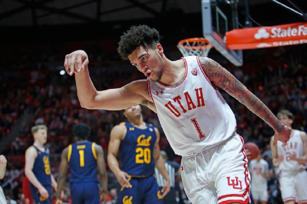 Utah forward Timmy Allen (1) celebrates after scoring against California during the second half of an NCAA college basketball game Saturday, Feb. 8, 2020, in Salt Lake City. (AP Photo/Rick Bowmer)