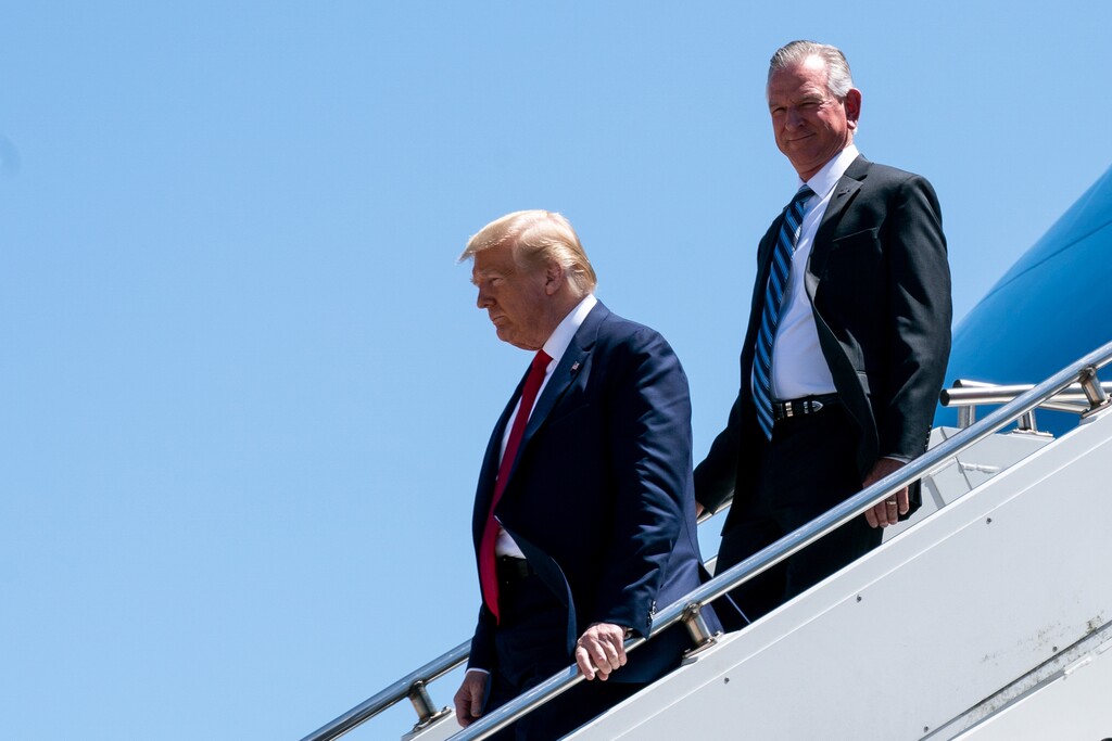 (Anna Moneymaker/The New York Times)
President Donald Trump and Tommy Tuberville, the Republican Senate nominee of Alabama, exit Air Force One in Dallas, June 11, 2020. "Tommy Tuberville, the football coach who beat Sessions, doesn't seem to have any ideas beyond flexing his muscles and promising to do whatever President Trump likes," writes New York Times columnist Gail Collins.