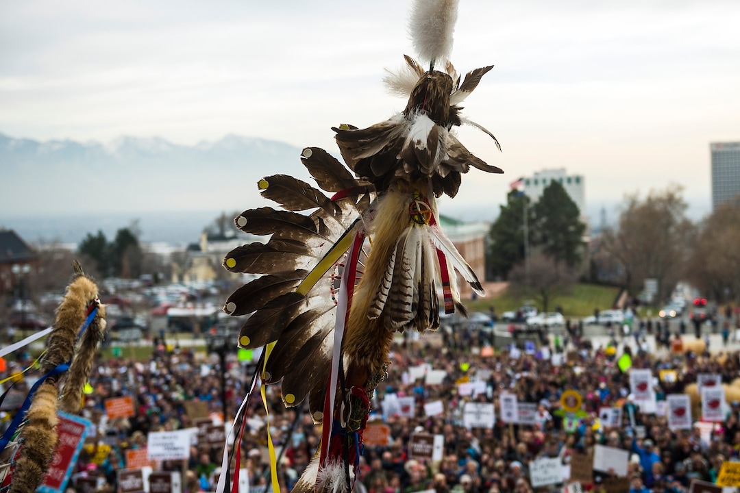 (Chris Detrick  |  The Salt Lake Tribune) Supporters of the Bears Ears and Grand Staircase-Escalante National Monuments rally at the Utah State Capitol Saturday, December 2, 2017.  Utah Highway Patrol estimated 5,000 people attended the rally. 
