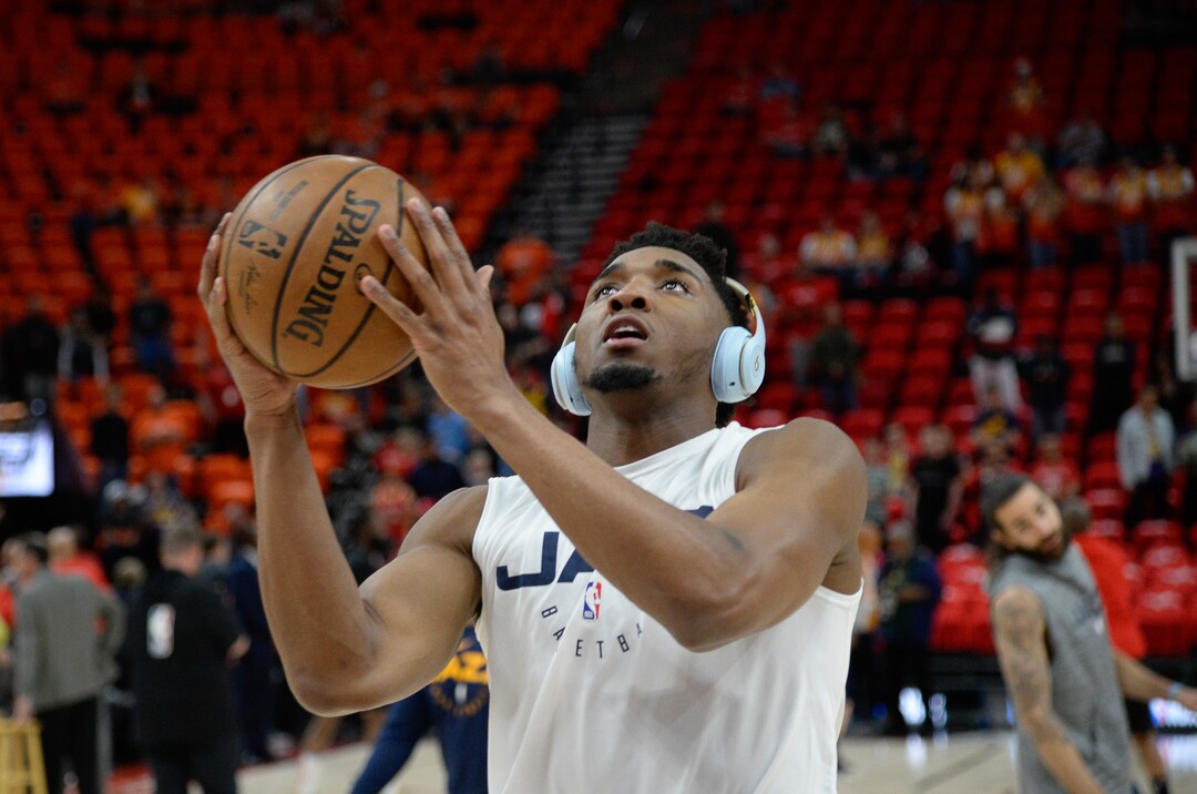 (Francisco Kjolseth  |  The Salt Lake Tribune)  Utah Jazz guard Donovan Mitchell (45) warms up prior to Game 3 of a first-round NBA basketball playoff series against the Rockets in Salt Lake City, Saturday, April 20, 2019.