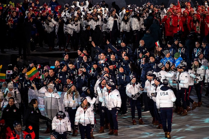 (Chris Detrick | The Salt Lake Tribune) Athletes from The United States of America are introduced during the PyeongChang 2018 Olympic Winter Games Closing Ceremony at Olympic Stadium Sunday, Feb. 25, 2018.