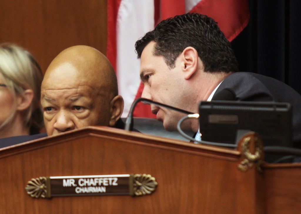 (Lauren Victoria Burke | AP file photo) House Committee on Oversight and Government Reform Committee Chairman Rep. Jason Chaffetz, R-Utah, right, talks to the committee's ranking member Rep. Elijah Cummings, D-Md., on Capitol Hill in Washington, Wednesday, June 15, 2016, during the committee's hearing to consider a censure or IRS Commissioner John Koskinen.
