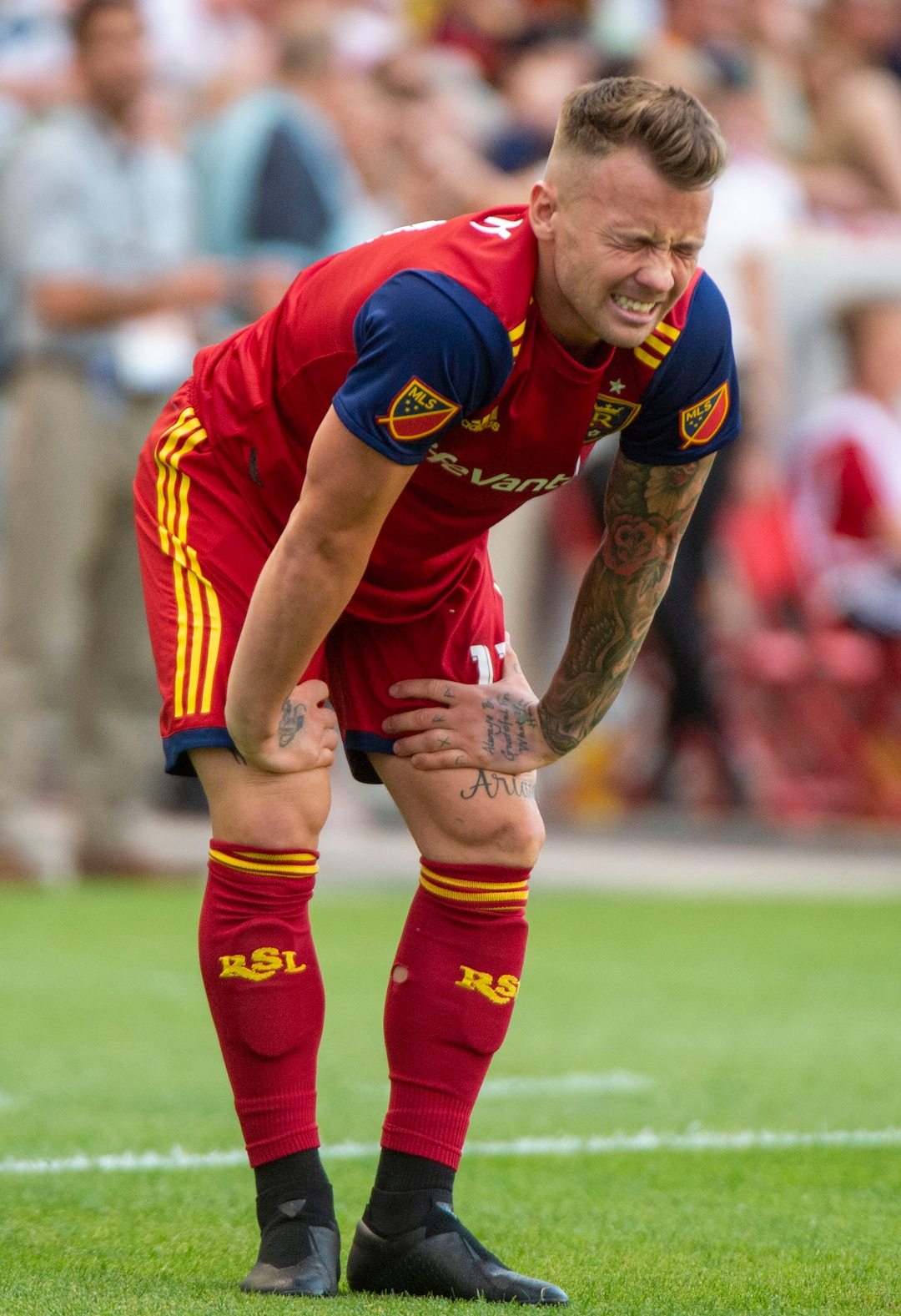 (Rick Egan  |  The Salt Lake Tribune)  Real Salt Lake midfielder Albert Rusnak (11) is slow to get to his feet after being knocked to the ground hard, in MLS action between Real Salt Lake and Sporting Kansas City, in Sandy, Saturday, June 29, 2019.