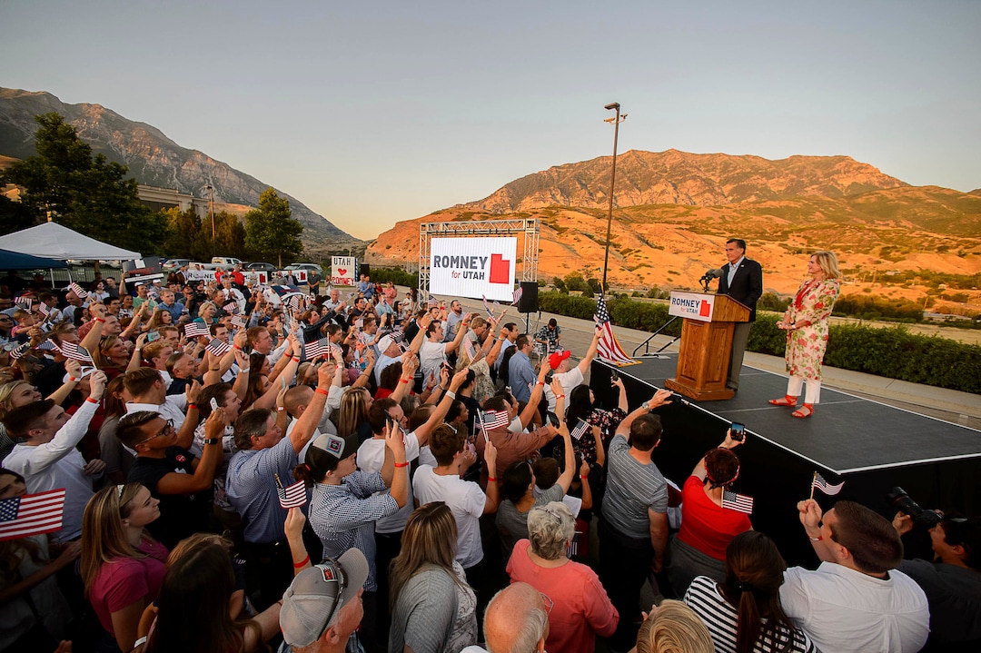 (Trent Nelson | The Salt Lake Tribune) Mitt Romney speaks in Orem, June 26, 2018, after winning the Republican primary for U.S. Senate with Ann Romney at right.