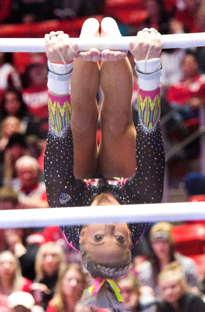 (Rick Egan  |  The Salt Lake Tribune)   MyKayla Skinner competes on the bars for Utah, in Gymnastics action Utah vs. Oregon State at the Jon M. Huntsman Center, Friday, January 19, 2018.


