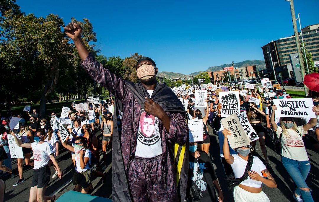 (Rick Egan  |  The Salt Lake Tribune)     Protesters make their way down 500 South in Salt Lake City  during the Dance Dance Revolution protest for racial equality, on Sunday, Aug. 9, 2020.