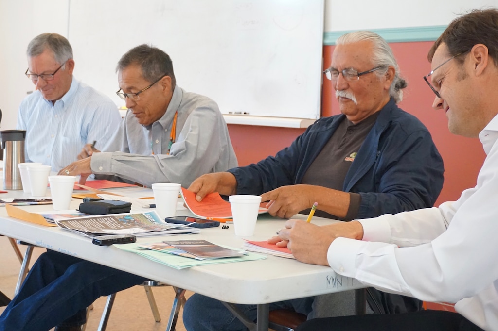 (Zak Podmore | Tribune file photo) From left, San Juan County Commissioners, Bruce Adams, Kenneth Maryboy and Willie Grayeyes hold a meeting with David Everitt, interim county administrator, in Monument Valley, Utah, on July 2, 2019.