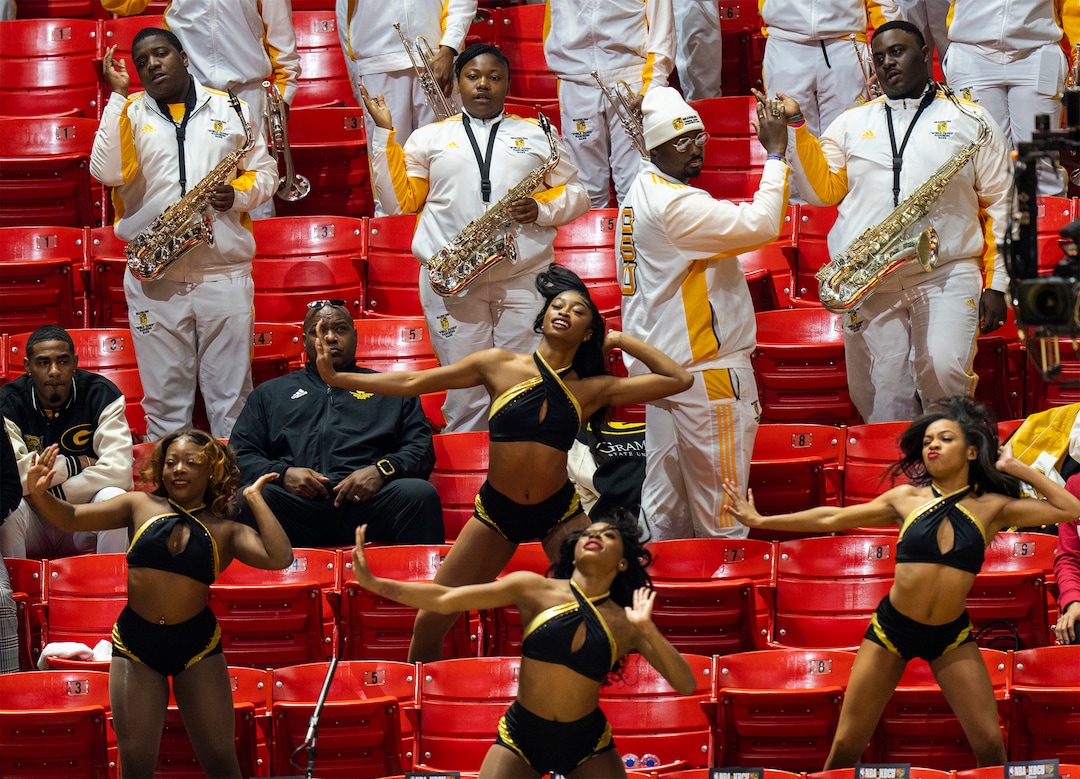 (Rick Egan | The Salt Lake Tribune) The Orchesis dancers perform with The World Famed Tiger Marching Band from Grambling during a break in the action in the HBCU game between the Grambling State Tigers and the Southern University Jaguars at the Jon M. Huntsman Center, on Saturday, Feb. 18, 2023.