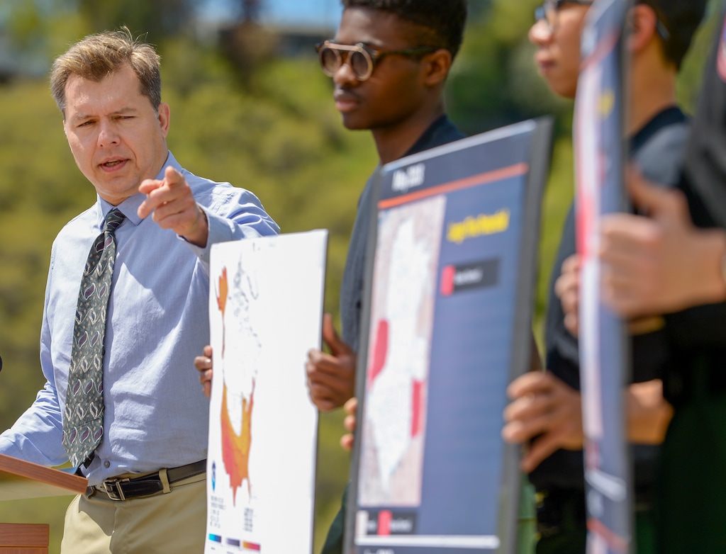 (Leah Hogsten  |  The Salt Lake Tribune)  "We're looking at the potential to have the worst fire season in six to eight years," warned Basil Newmerzhycky, BLM Predictive Services Fire Weather Program Manager, Thursday, May 3, 2018, during a press conference held by Utah Department of Natural Resources Division of Forestry, Fire and State Lands .