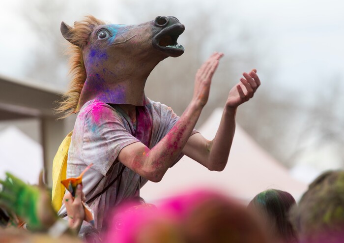 (Rick Egan  |  The Salt Lake Tribune)     Revelers dance to the sounds of  Aakansha Bollypop, the 22nd annual Holi Festival of Colors at the Sri Sri Radha Krishna Temple in Spanish Fork, Saturday, March 24, 2018.  