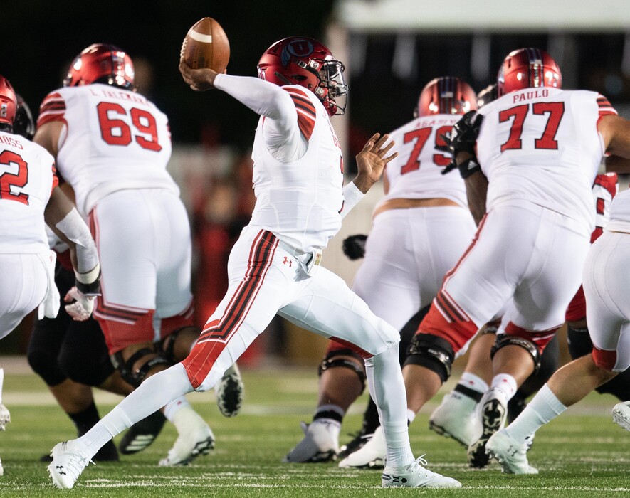 Utah Utes quarterback Tyler Huntley (1) throws a pass against the NIU Huskies during a college football game at Huskie Stadium in DeKalb, IL on Saturday, Sept. 08, 2018 (Sean King | for The Salt Lake Tribune)