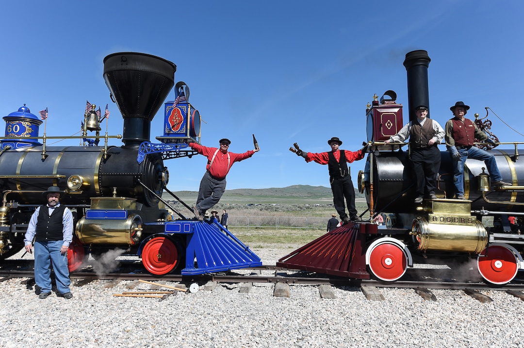 (Francisco Kjolseth  |  The Salt Lake Tribune)  Volunteers who work on the historic trains Jupiter and No. 119 re-create a historic on Friday May 10, 2019, in celebration of the 150th anniversary of the completion of the transcontinental railroad at Promontory Summit where the two rails met back on May 10, 1869.