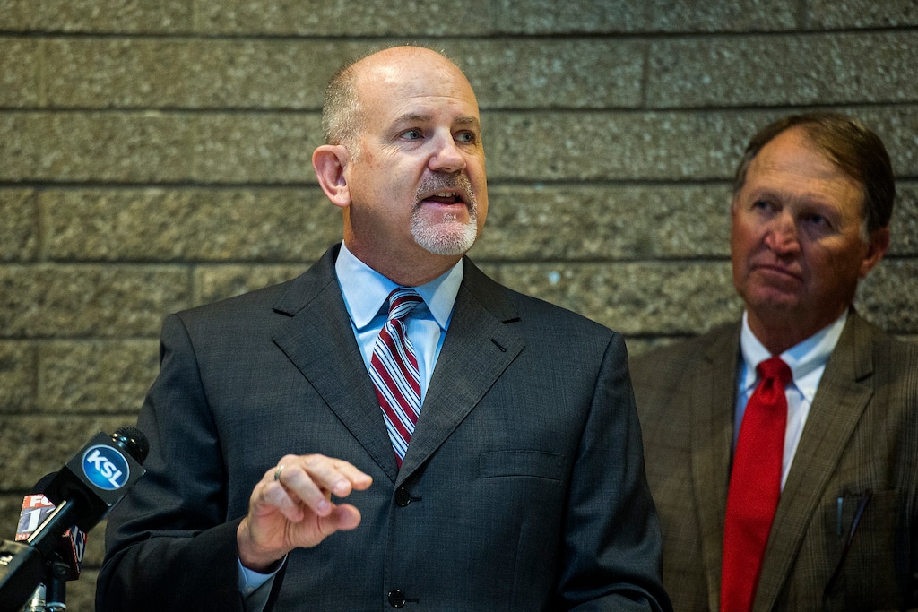 (Chris Detrick  |  The Salt Lake Tribune)  Utah State Treasurer David Damschen speaks at Nibley Park School Wednesday, September 6, 2017. 