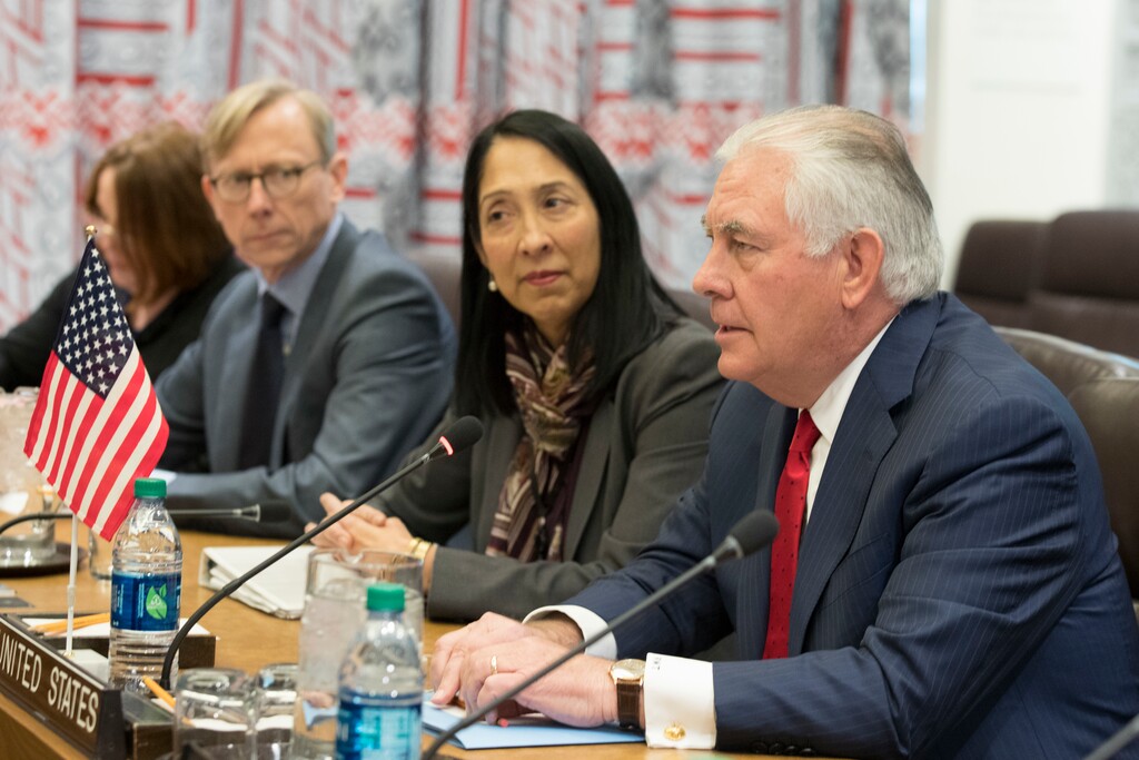 U.S. Secretary of State Rex Tillerson speaks during a meeting with Japanese Foreign Minister Taro Kono before a high level Security Council meeting on the situation in North Korea, Friday, Dec. 15, 2017 at United Nations headquarters. (AP Photo/Mary Altaffer)