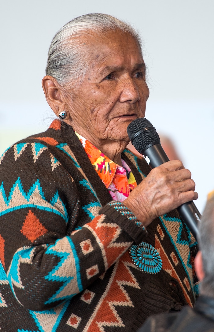 (Leah Hogsten  |  The Salt Lake Tribune) ÒFor a long time, no one from the Navajo Nation has helped us," said native elder Betty Jones, who spoke in favor of the current form of voter representation on the county council in Monticello on Thursday. San Juan County residents were presented with proposals of the newly redrawn county commission and school board districts during hearings in Monticello and Bluff, November 16, 2017. The new boundaries could give members of the Navajo Nation a significant majority in two of three commission districts and three of five school board voting districts.