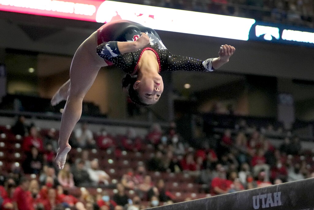 (Francisco Kjolseth | The Salt Lake Tribune) Utah’s Kara Eaker competes on the beam at the Best of Utah NCAA Gymnastics Meet at the Maverik Center in West Valley City on Friday, Jan. 7, 2022.