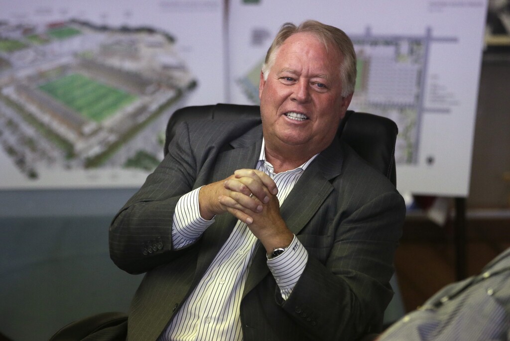 In this photo taken on Wednesday, Sept. 10, 2014, Real Salt Lake owner Dell Loy Hansen presents his vision for a new minor league soccer stadium at the Utah State Fairpark meeting with its board, in Salt Lake City. Hansen, the owner of Utahs Major League Soccer team is offering to build a $13-$17 million stadium at the state fairgrounds that would be home to a minor league team for Real Salt Lake and be part of a broader revitalization of the grounds.  (AP Photo/Rick Bowmer) 