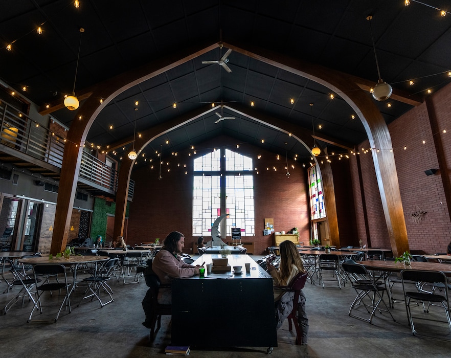 (Rick Egan | The Salt Lake Tribune) Church & State, on Saturday, March 11, 2023. The former church building is a community space, small-business hub and event venue, where any member of the public can use the Wi-Fi, read on one of the many vintage couches, study, or work.