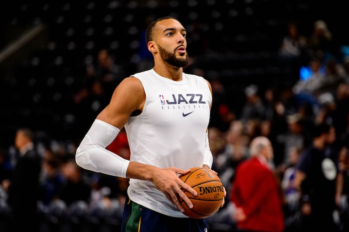 (Trent Nelson  |  The Salt Lake Tribune) Utah Jazz center Rudy Gobert (27) warms up as the Utah Jazz host the Portland Trail Blazers, NBA basketball in Salt Lake City on Thursday, Dec. 26, 2019.