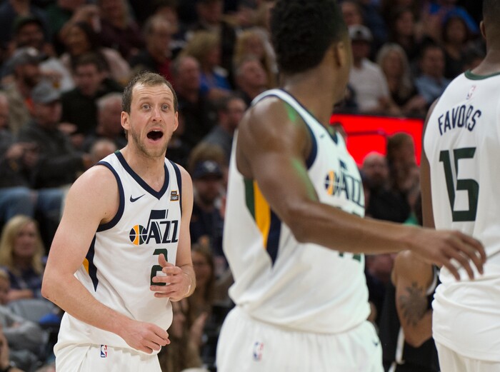 (Rick Egan  |  The Salt Lake Tribune)  Utah Jazz forward Joe Ingles (2) hollers at Utah Jazz guard Donovan Mitchell (45), in NBA action, Utah Jazz vs. Brooklyn Nets, in Salt Lake City, Saturday, November 11, 2017.