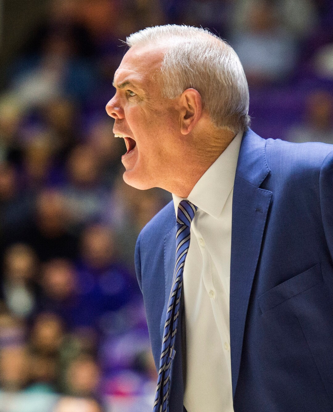 (Rick Egan  |  The Salt Lake Tribune)       Brigham Young Cougars head coach Mike Rose, shouts instructions to his players in basketball action between Brigham Young Cougars and Weber State Wildcats, at the Dee Event Center in Ogden, Saturday, Dec. 1, 2018.