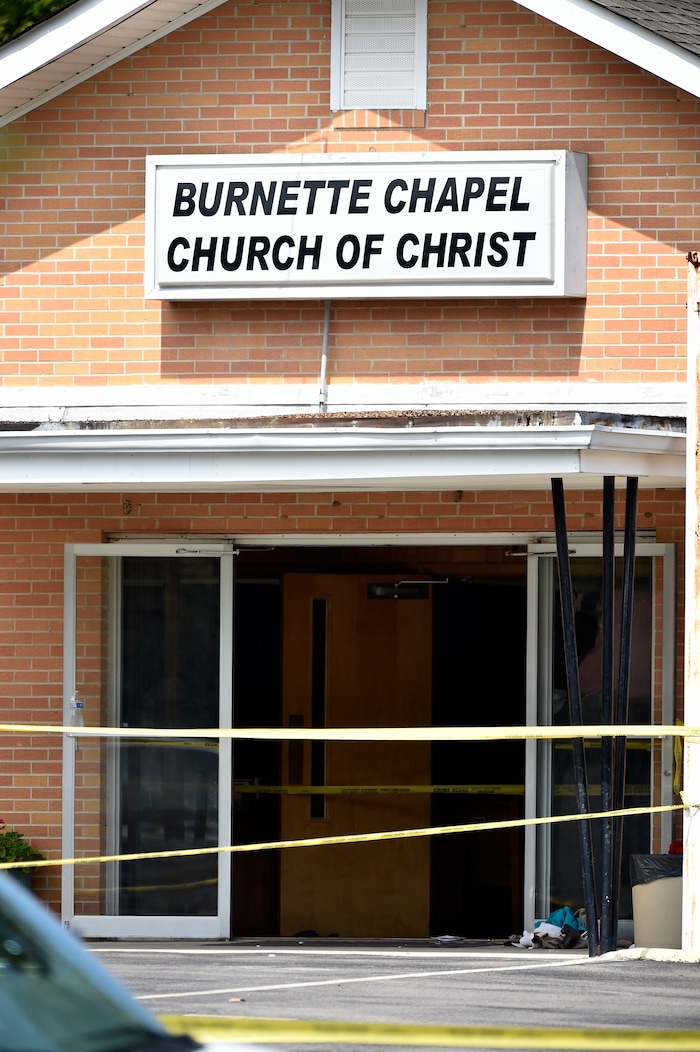 Police tape lines the scene at the Burnette Chapel Church of Christ after a deadly shooting at the church on Sunday, Sept. 24, 2017, in Antioch, Tenn. (Andrew Nelles/The Tennessean via AP)