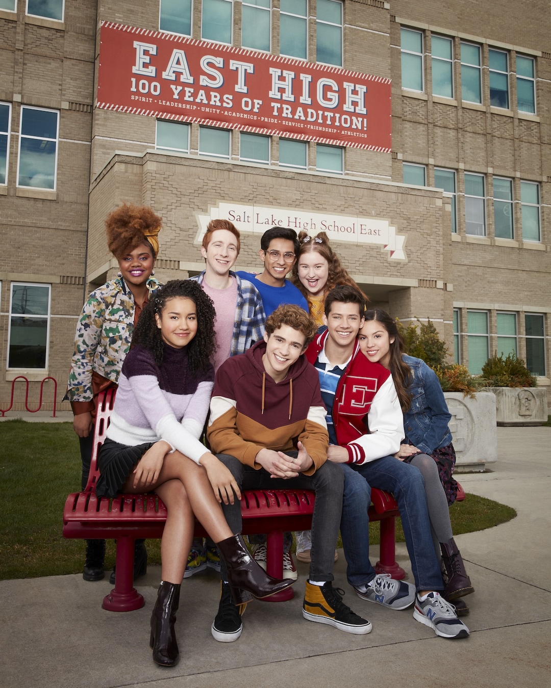 (Photo courtesy Craig Sjodin/Disney+) “High School Musical: The Musical: The Series” stars Dara Reneé as Kourtney, Sofia Wylie as Gina, Larry Saperstein as Big Red, Joshua Bassett as Ricky, Frankie A. Rodriguez as Carlos, Julia Lester as Ashlyn, Matt Cornett as E.J., and Olivia Rodrigo as Nini.