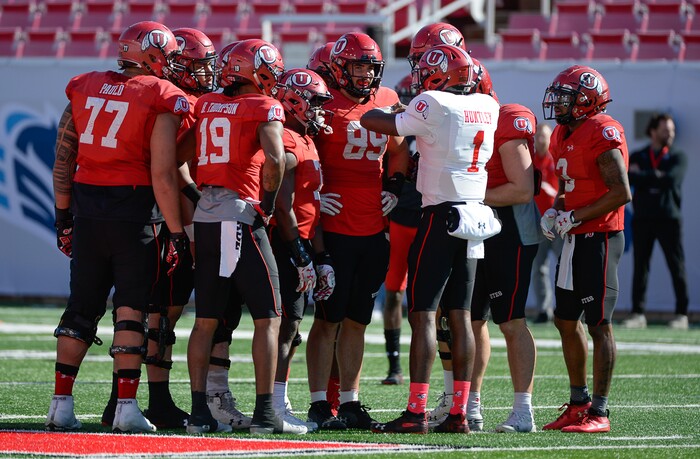 (Francisco Kjolseth  |  The Salt Lake Tribune)  The Utah Utes hold their first of two major scrimmages of spring practice at Rice Eccles stadium on Saturday, March 30, 2019, prior to the April 13 Red-White Game. Quarterback Tyler Huntley, #1, will face his first big test since he was injured Nov. 3 at Arizona State. 