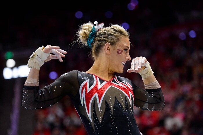 (Trent Nelson | The Salt Lake Tribune)  Tiffani Lewis  on floor as Utah hosts Washington, NCAA gymnastics in Salt Lake City, Saturday February 3, 2018.