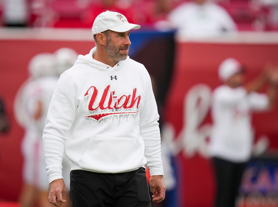 (Bethany Baker  |  The Salt Lake Tribune) Utah Utes head coach Morgan Scalley watches his athletes before the game between the Utah Utes and the Kansas Jayhawks at Rice-Eccles Stadium in Salt Lake City on Saturday, Oct. 10, 2026. 
